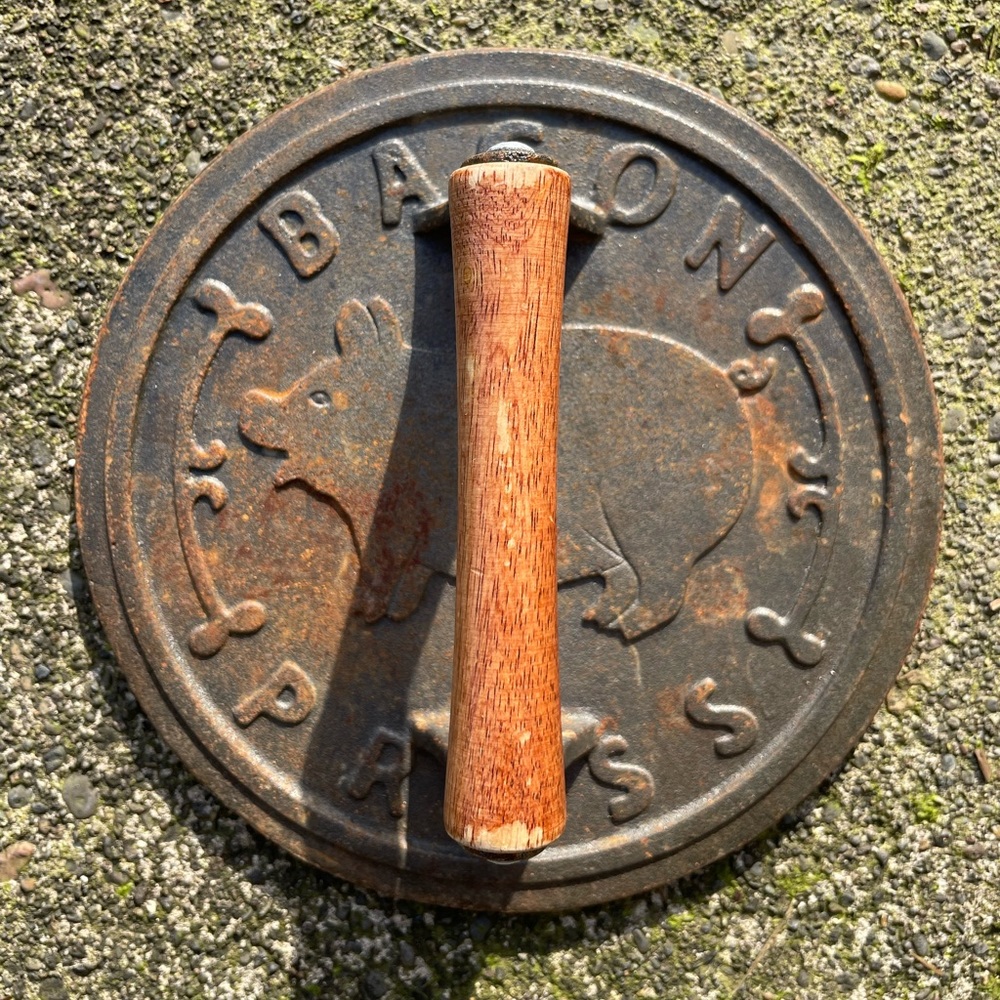 Vintage Rustic Cast Iron Bacon Press with wooden handle